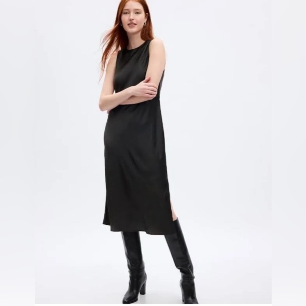 Brand New with Tags! Elegant Gap Black Satin Highneck Sleeveless Dress